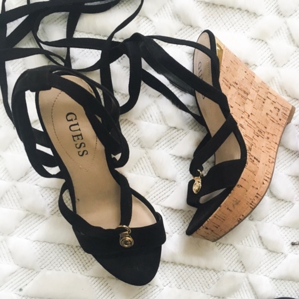 Guess Black Lace Up Wedges